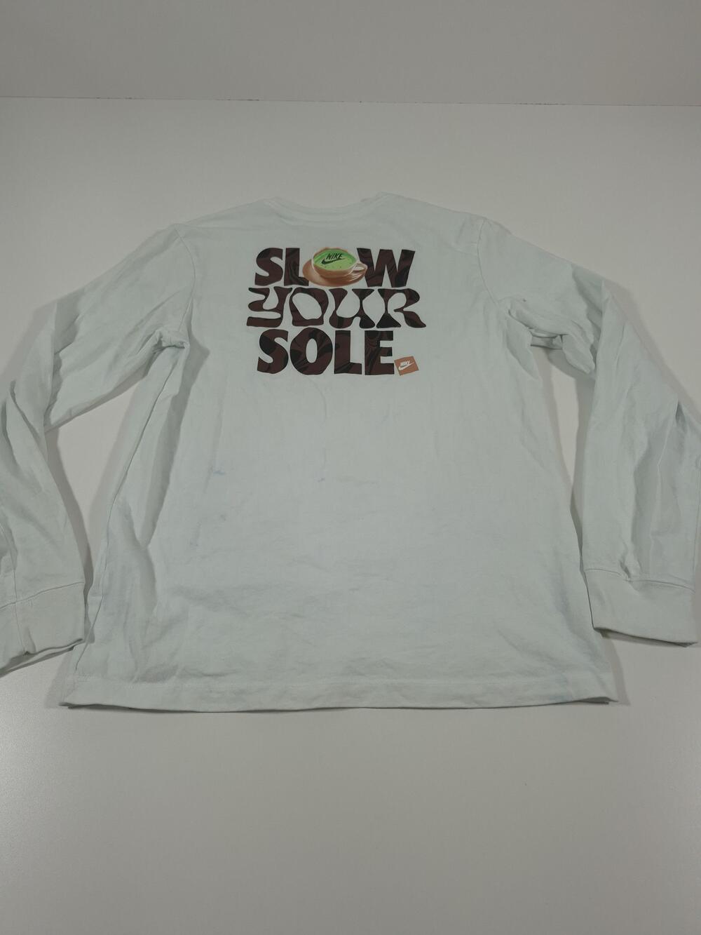 Nike Shirt Mens Medium White Long Sleeve Slow Your Sole Graphic Tee FLAW